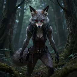 werewolf girl in a dark forest, anthropomorphic, fierce, trending on artstation