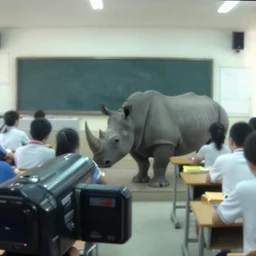 a rhinoceros in a classroom, by mini dv camera, very low quality, heavy grain, blurry, caught on trail cam