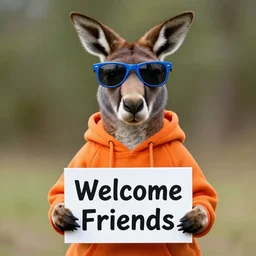 A portrait photo of a kangaroo wearing blue sunglasses and an orange hoodie holding a sign on the chest that says Welcome Friends, subject: kangaroo, subject detail: wearing orange hoodie, wearing blue sunglasses, subject action: holding sign