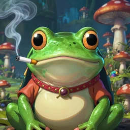 A close up portrait of a dignified psychedelic godlike anthropomorphic frog smoking an anime cigarette , magic mushroom village in background . award winning. superb resolution. in the art style of junji Ito and greg rutkowski . Detailed Mushroom city in background. Hyper realistic anime. Perfect art. Dalle2