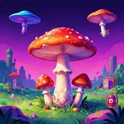 mushrooms in the place of flying saucers, hallucinogenic, psychedelics, enhanced vision, vaporwave, future funk, japanese - inspired