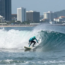 aliens surfing on tsunami wave in the city photo