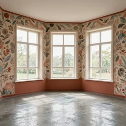 colour 3 5 mm, empty small interior, open shiny concrete floor, big windows, beautiful paste wallpapers, stucco,