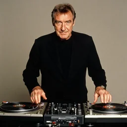 Sean Connery Zardoz DJing with DJ turntables, photoreal