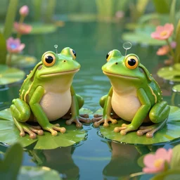 two frogs on lsd have a laugh in an enchanted pond. Highly detailed octane render digital art.