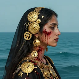 portrait of chitral woman :: side profile :: in ocean :: clockwork details :: gold :: blood and horror ::  by marvel and Sandra Chevrier