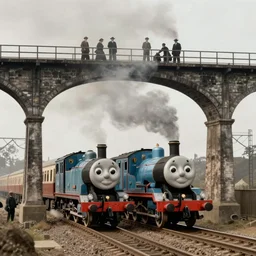 Head on train wreck of two Thomas the Train engines, tall railway bridge, 1930s , hyper realistic