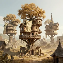 post - medieval village of treehouses, silk tarps hanging, dry archways and spires, choir, light dust, by peter mohrbacher dan mumford craig mullins nekro, cgsociety, pixiv, volumetric light, 3 d render