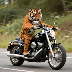 tiger on a Harley Davidson on the road, funny picture