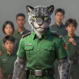 a beautiful painting of a handsome anthropomorph gray and green panther furry fursona wearing an uniform. character design by cory loftis, fenghua zhong, ryohei hase, ismail inceoglu and ruan jia. artstation, volumetric light, detailed, photorealistic, rendered in octane