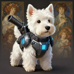 a west highland white terrier, anime art style, wearing futuristic, led - lit armor, and a cannon mounted on his back, portrait, high detail, sharp focus, digital painting, artstation, concept art, art by hayao miyazaki and artgerm and greg rutkowski and alphonse mucha.