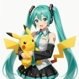 hatsune miku holding pikachu, intricate, elegant, highly detailed, digital painting, artstation, concept art, smooth, sharp focus, illustration, art by artgerm and greg rutkowski and alphonse mucha and william - adolphe bouguereau