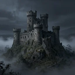 detailed realistic matte painting of a ruined castle on top of a hill surrounded by mist at night
