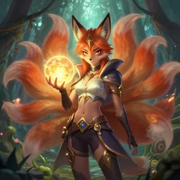 portrail | ahri!!!!!! | holding a glowing ball | the nine - tailed!!! fox | handbok!!! | mystical forest | fantasy | league of lengeds | very detailed | digital | by natalie shau | by yuumei | by wlop