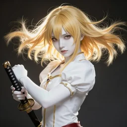 renaissance art elf girl with white skin, katana in hand, golden hair blowing the wind, trending artistic art, soft anime, dynamic photography, fate zero, realistic face, extremely high detailed, softy backlit, studio ghibly makoto shinkai yuji yamaguchi, wlop