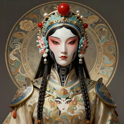 portrait of a machine from horizon zero dawn, machine face, upper body, decorated with chinese opera motifs, asian, traditional chinese art, intricate, elegant, highly detailed, digital painting, artstation, concept art, smooth, sharp focus, illustration, art by artgerm and greg rutkowski and alphonse mucha, 8 k