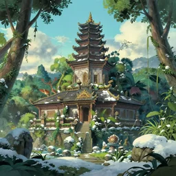 jungle temple in the mountains, winter scene, studio ghibli, desktop wallpaper, 4 k