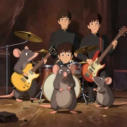 rats playing in a rock band inspired by the beatles, wholesome, ghibli and disney animation, sharp, art by ken anderson and mel shaw, dramatic lighting, brown palette, high detail