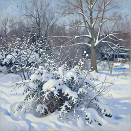 a winter landscape with shrubs and trees on a clear day, in neo - impressionism style