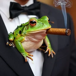 a high detail closeup photograph of a  🐸 wearing a suit 👔,and smoking a cigarrette🚬, award wining photograph