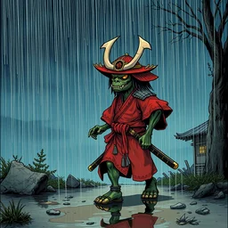 a samurai strange creature wounded and walking in the rain, cartoon illustration masterpiece, intricate and interesting character design, comic strip art, by jim davis and kim jung gi and thomas kinkade and jacen burrows and lewis larosa and tom palmer and todd mcfarlane