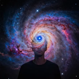 man as a nebula, stars as eyes, astrophotography, colorful