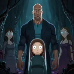 dwayne johnson as rick from rick and morty, gothic scene, dramatic light, lee ji - eun, illustration, atmosphere, focused, artstation, highly detailed, art by yuhong ding and chengwei pan and serafleur and ina wong