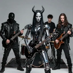 cyberpunk black metal band, guitarists, bassist, drummer, vocalist, all black cyberpunk clothes, robotic prothetic limbs, dermal implants, cyborg satan, realistic, promo photograph, high quality, highly detailed