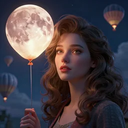 a 3 d, hyperrealistic, octane rendered, detailed, cinematic, close up portrait of a detailed 1 9 7 6 woman with swirling hair and fine facial features. the woman is holding a giant balloon that looks like a glowing 3 d realistic blood moon. a night sky filled with hot air balloons and swirling clouds by kuvshinov and bilibin, karol back, barclay