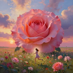 giant rose flower head, full body girl running through a flower field, surreal photography, sunrise, dramatic light, impressionist painting, colorful clouds, digital painting, artstation, simon stalenhag