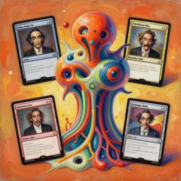 an extremely high quality hd surrealism warm painting of 4 d perspective neon complimentary - colors cartoon surrealism melting sculpture composition of zaha hadid biological anatomical mtgo rare card by a much more skilled version of kandinskypicasso and salvia dali the fourth, salvador dali's much much much much more talented painter cousin, 8 k, ultra realistic, nerves, veins, arteries