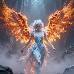 an angel of fire and ice, fire wings, icy body, high definition, 8k, octane render, cinematic, mist, intricate, ultra detailed