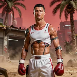 A highly detailed, beautiful rendered, close portrait of a Cristiano Ronaldo boxer, half human, in spandex suit, with scars, high tech equipement attached to her body, in a tropical and dystopic city, in front of a garage, dried palmtrees, thick dust and red tones, bladerunner, cyberpunk, lost city, hyper-realistic environment, Epic concept art. Warhammer 40k