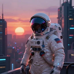 An aesthetic Astronaut in a cyberpunk city during a sunset , extremely detailed digital painting, mystical colors, rim light, beautiful Lighting, 8k, stunning scene, raytracing