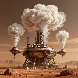 a grotesque and ancient steampunk terraforming station on mars, like a factory billowing fluffy clean white water clouds upward into the sky, at sunset, hyper unrealistic, totally implausible, artstation