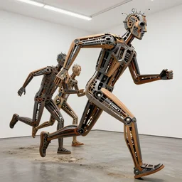 a contemporary art sculpture of several tall man running with long arm and a big head, in the style of jean tinguely, medium shot, busy, made of intricate metal and wood, thick paint, intricate, dirty, leds, indoor, studio lighting, hyper realistic, detailed, 8 k