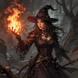 an experienced witch casting fire magic, by hong soonsang and greg rutkowski, cinematic lighting, concept art, detailed, digital art, trending on artstation, pixiv, illustration
