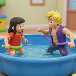 ob - wan and anakin fighting with pool noodles in a kiddie pool