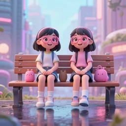 two happy best friends cute and werring pink glasses sit on a bench in cosmic city, wet ground, reflection, diffuze light, fuzzy, dream like