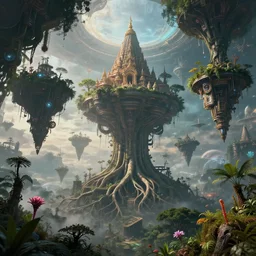highly advanced civilization living in hindu temple inspired space colonie, floating islands connected with roots, avatar like landscape, high - tech space cult with trees and plants and alien flowers, dramatic lighting, epic, octane render, volumetric light, unreal engine, artbreeder, 8 k, background, scene, digital, artwork, high quality, 8 k