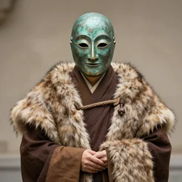 a monk in fur cloak with a bronze mask realism