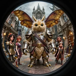 zoomed fisheye lens portrait of tin toy fuzzy kaiju moth dragons wearing armour in victorian london, nicoletta ceccoli, mark ryden, lostfish, hyung tae, frank frazetta, depth of field, detailed and intricate gothic environment, 8 k resolution, hyperrealistic, octane render