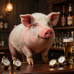 wealthy pig, in a suite, with old style watches, buying beers in the British bar, ray tracing, highly detailed, 8K