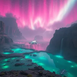 futuristic greek civilization on danakil depression of the place with acid pools by hindenburg aircraft disaster during autumn season on an interstellar aurora borealis with heavy thunder and lightning, pink waterfalls, lush, by peter mohrbacher, james jean, james gilleard, greg rutkowski, rule of thirds, octane render, beautiful