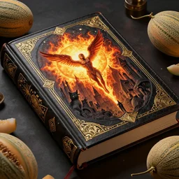 by barthel bruyn the elder and senior character artist, visually stunning, cinematic, * * ultra realistic, hyper realism, 1 2 k, epic, octane render, unreal engine, vfx, maya, * * this book seems to be made of black leather, cats and cantaloupes, icarus loved the sun too fiercely to care that he would burn, occult city, and is adorned with intricate golden patterns