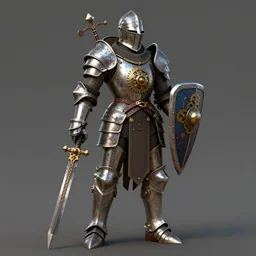digital art of strong knight wearing plate armor, holding weapon and shield, standing upright, full body. steampunk themed with clockwork and gears