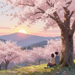 A beautiful landscape, trees with cherry blossoms in the foreground, mountains and sunset in the background. Under a tree sits a young couple, anime style