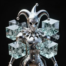 front shot of a court jester character ominous intricate polished fractal hyper cubes polished platinum cracked glass dark future polished metallic prism crystal shard lit edges poly extraordinary detailed robotic concept artstation sharp focus ray tracing cinematic masterpiece fine portrait