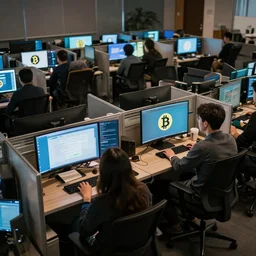 a large number of people are sitting in cheap office chairs staring at computer screens in a crowded office with cubicles, the computer screens have bitcoin logos, unreal engine 5, harsh contrast lighting
