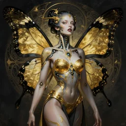 extremely psychedelic beautiful cyborg queen of lsd infected by night. intricate, elegant, highly detailed, extremely lifelike photorealistic digital painting, artstation. steichen, gaston bussiere, tom bagshaw, cyberpunk alphonse mucha. elegant minimalism. anatomically correct. sultry murderous rage. sharp focus. gold and black butterfly wings. lifelike